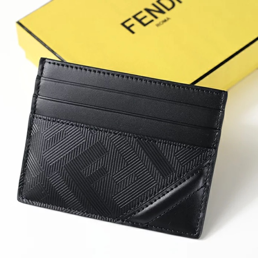 Fendi Shadow Diagonal Leather Card Case Wallet in Black FF Motif Calfskin NWT